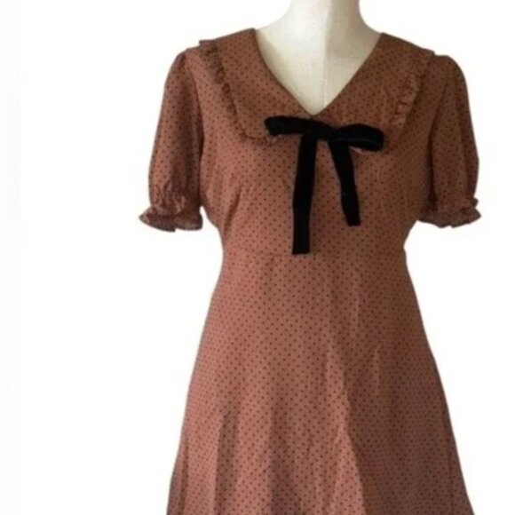 NWOT Blu Pepper POLKA DOT COLLARED VELVET TIE MINI BABYDOLL DRESS RUST BROWN - Picture 3 of 9